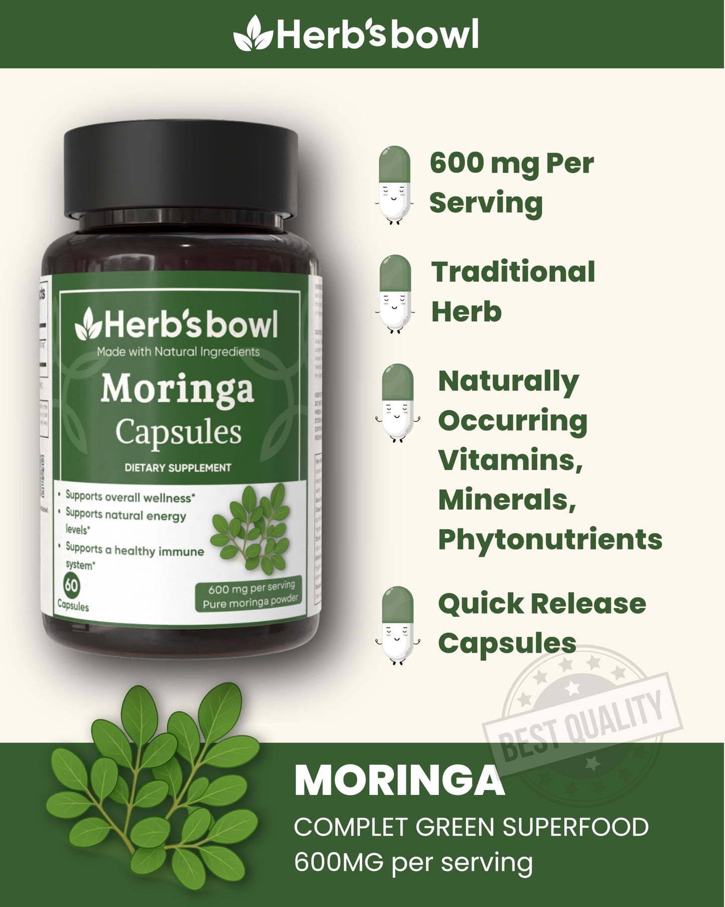 Herb'sbowl Moringa Capsules, 600mg per Serving, 60 Capsules