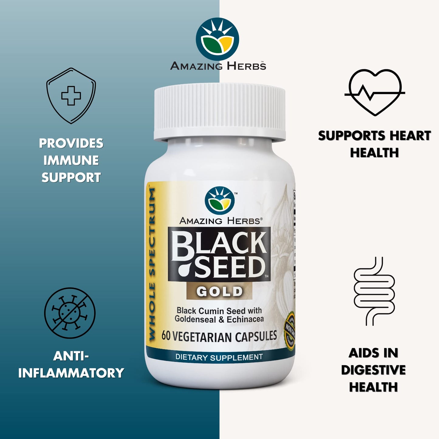 Amazing Herbs Whole Spectrum Black Seed Gold Black Cumin Seed Capsule, 60 Count