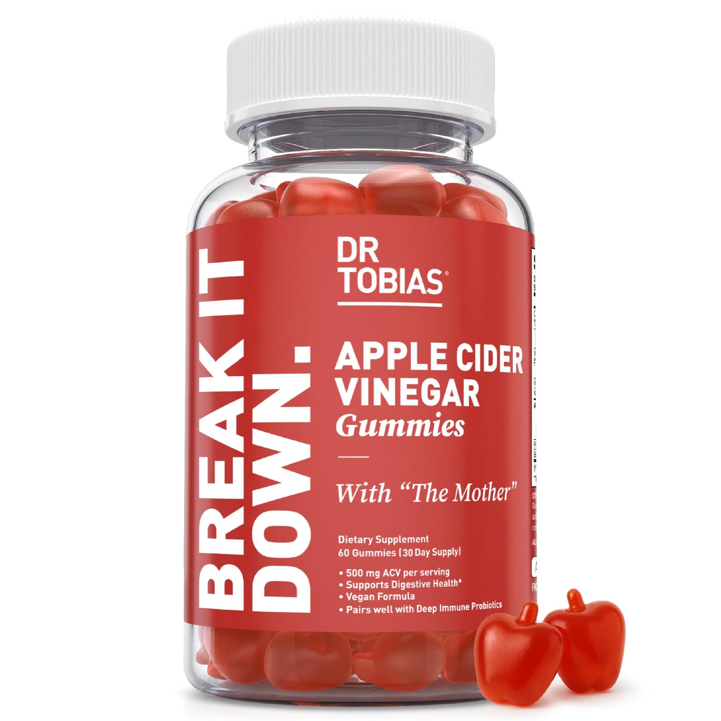 Dr. Tobias Apple Cider Vinegar Gummies with The Mother - 500mg ACV Per Serving, Folate, B6, B12 & Iodine, Vegan, Digestive Health & Detox, 60 Gummies