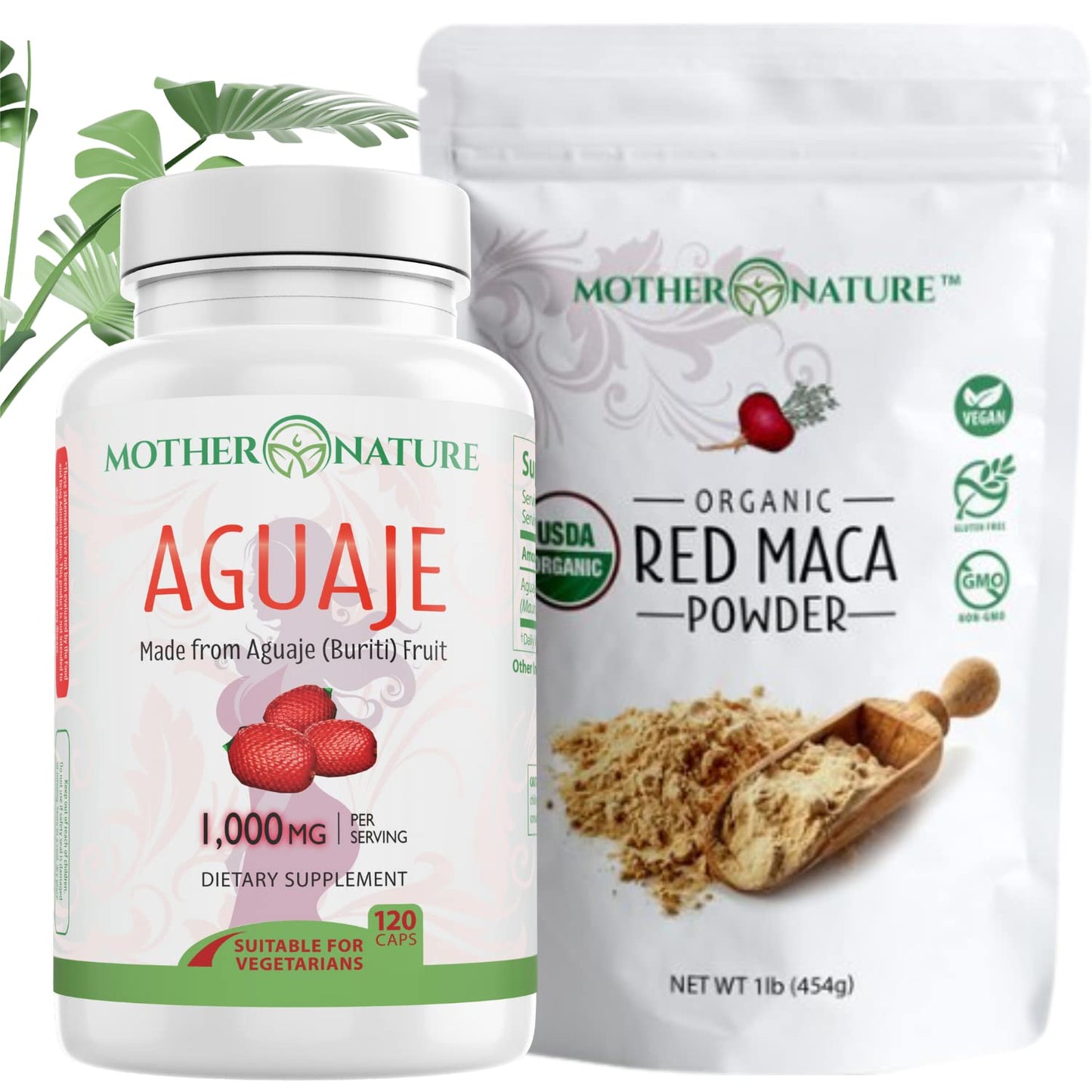 Mother Nature Organics Superfoods for Organic Living Beauty Bundle - Aguaje Capsules + Red Maca Powder, 2-Pack