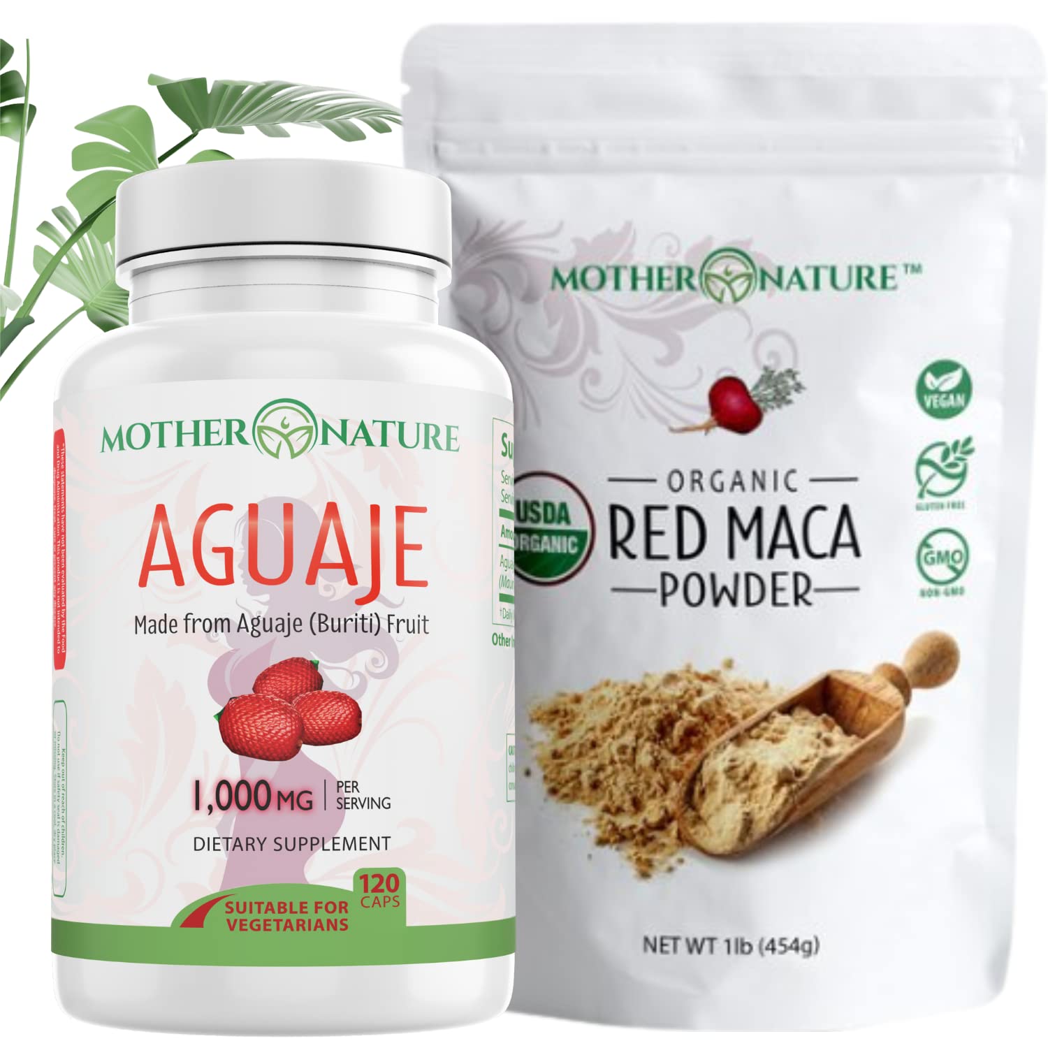 Mother Nature Organics Superfoods for Organic Living Beauty Bundle - Aguaje Capsules + Red Maca Powder, 2-Pack