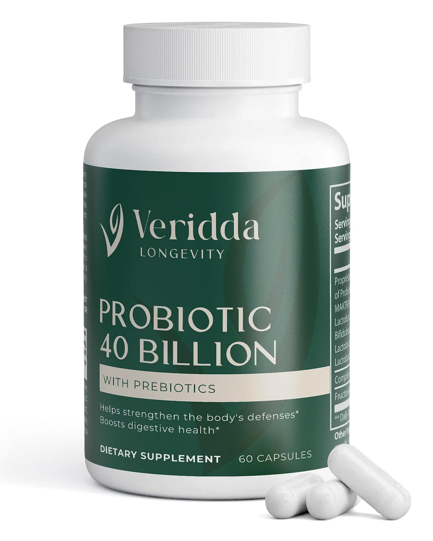 Veridda Longevity Probiotic 40 Billion with Prebiotics, Daily Gut Health for Women & Men, Digestive Support, 60 Capsules