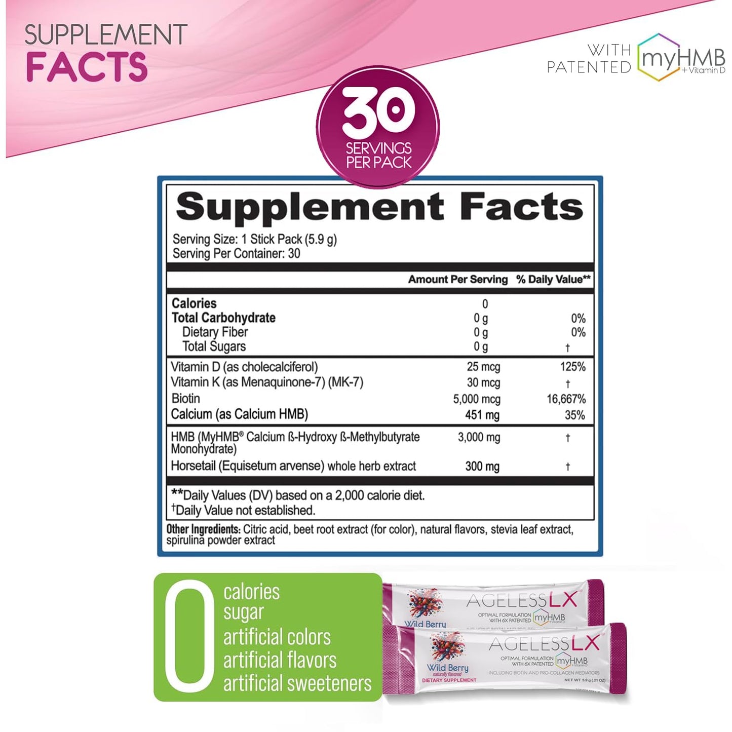 AgelessLX Powder Supplement for Women with HMB Collagen Enhancer, Vitamin D3, K2, Horsetail and Biotin, 30 Packets