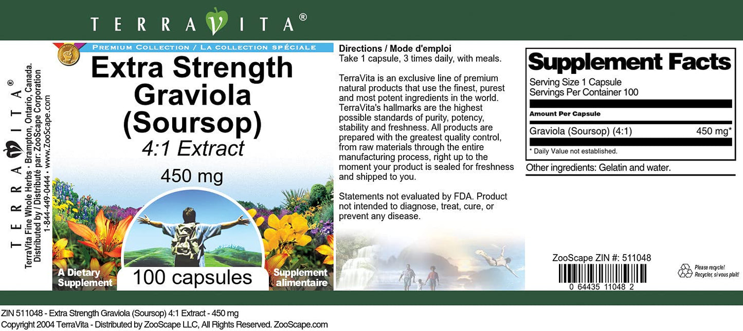 Terravita Extra Strength Graviola (Soursop) 4:1 Extract - 450 mg Capsules, 300 Count