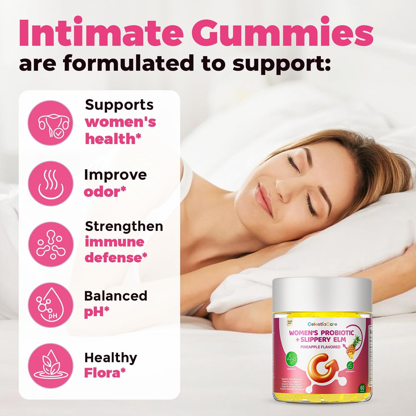 CelestiaCare Probiotics for Women Vaginal Probiotics Gummies for Digestive Health Feminine PH Balance Gut Health Supplements with Slippery Elm & Prebiotics, 60 Gummies