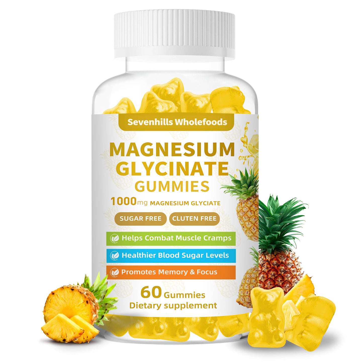 Sevenhills Wholefoods Magnesium Glycinate Gummies 1000mg - Sugar Free Magnesium Potassium Supplement for Relaxation, Calm, Stress Relief, and Sleep Support for Adults & Kids - 60 Gummies
