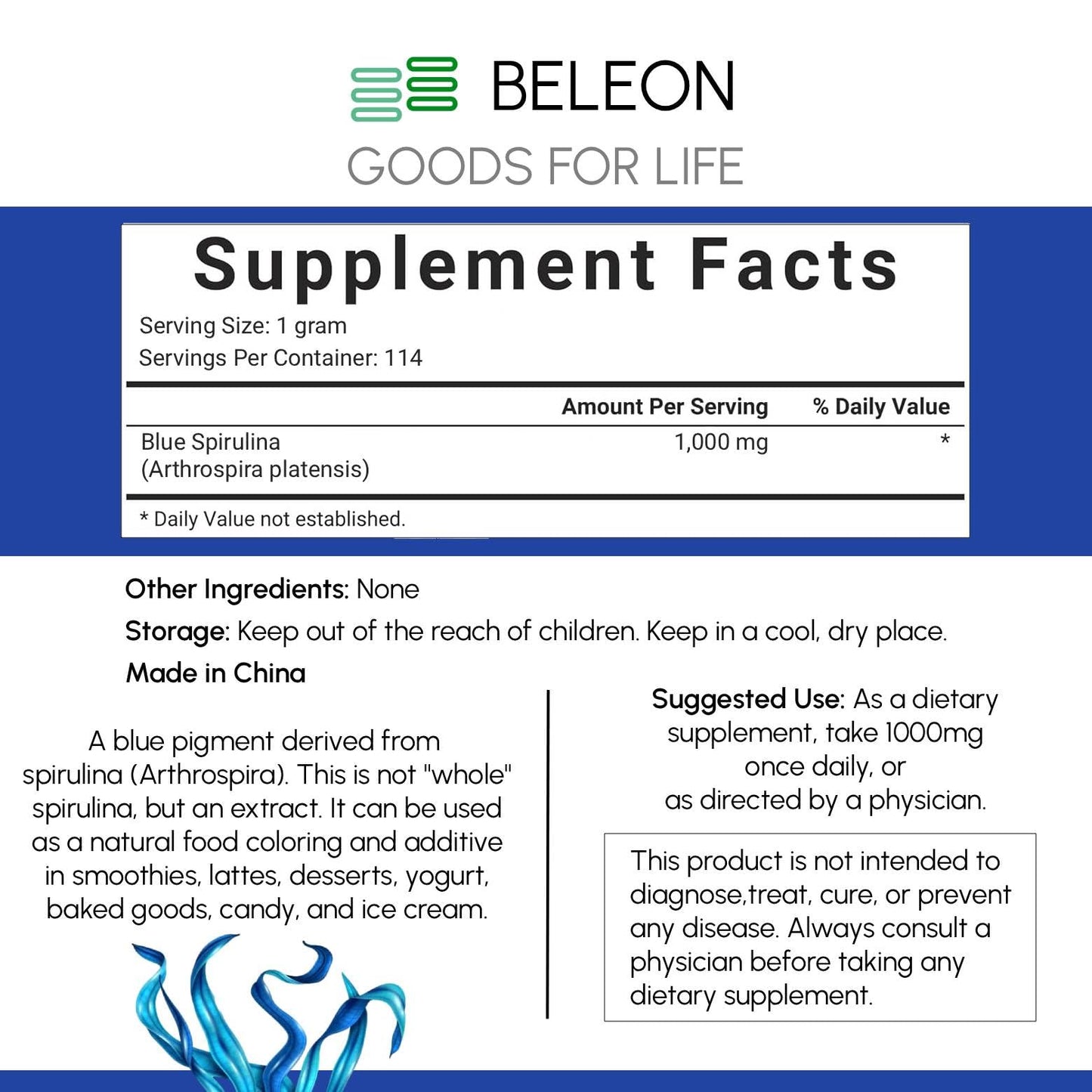 Beleon Goods For Life Blue Spirulina Powder 4 oz