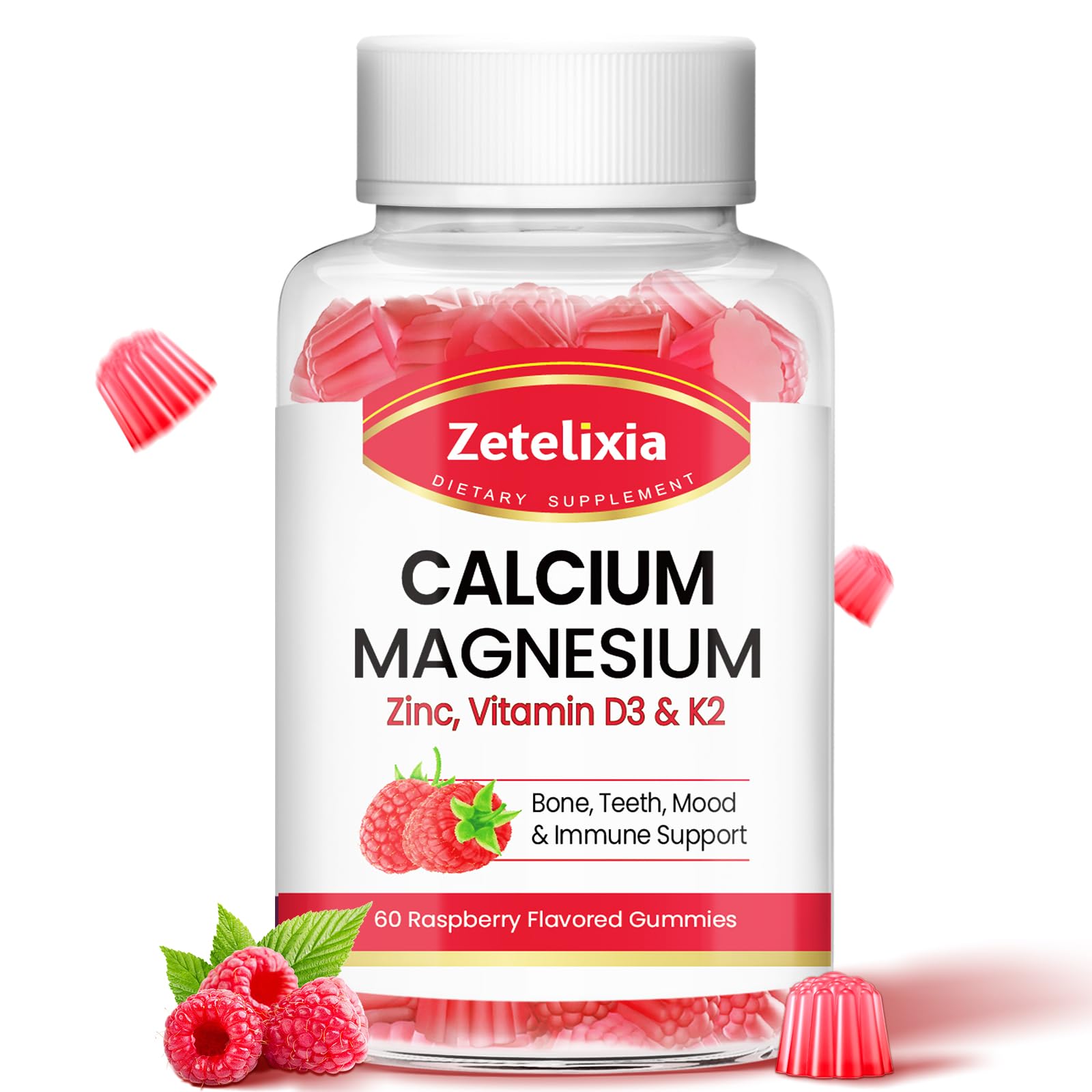 Zetelixia Calcium Magnesium Zinc Gummies with Vitamin D3 & K2, Raspberry Flavor, 60 Count