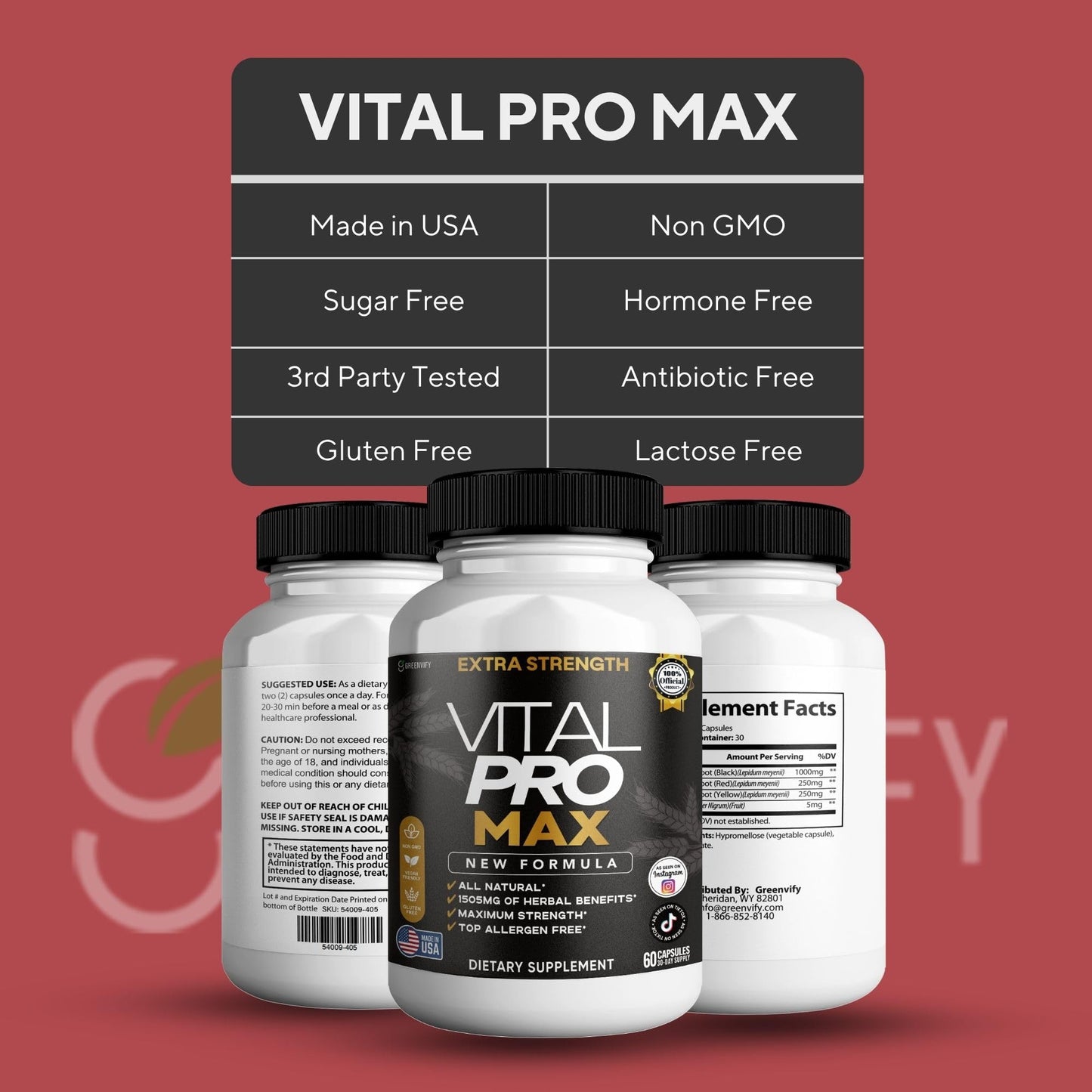 GREENVIFY Vital Pro Max Maca Root Dietary Supplement Capsules, 60 Count