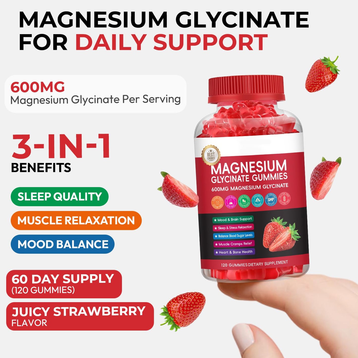 Xytora Magnesium Glycinate Gummies, High Absorption Magnesium Complex, Strawberry, 120 Gummies
