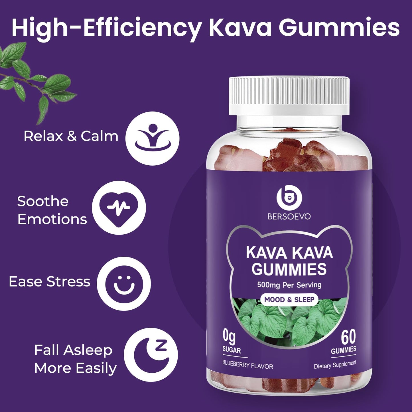 BERSOEVO Kava Gummies 500mg, 60 Count