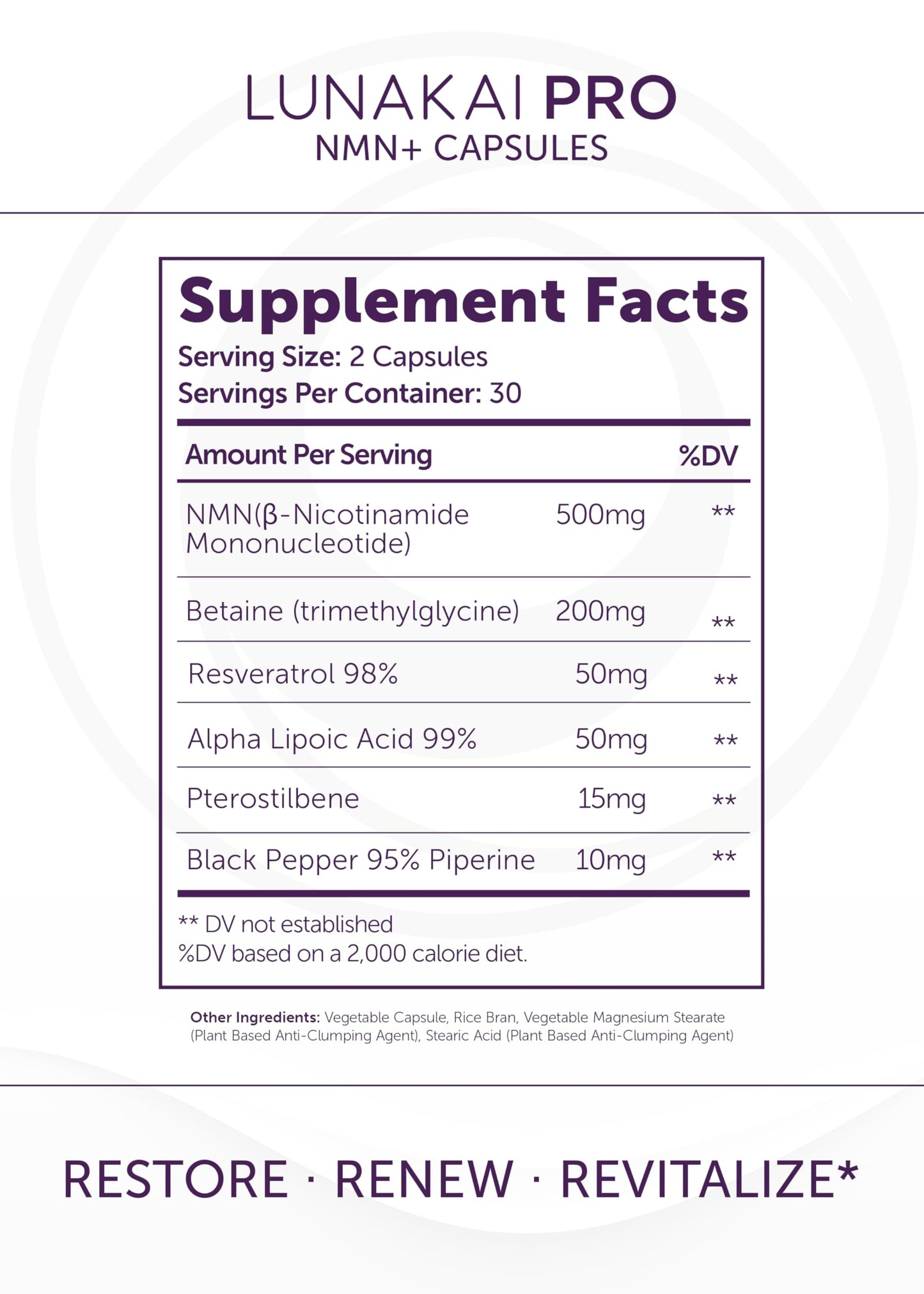Lunakai NMN Supplement 500mg Capsule, 60 Count