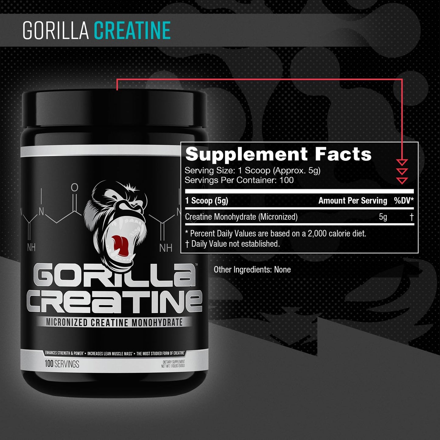 Gorilla Mind Creatine Monohydrate Micronized Powder, 100 Servings