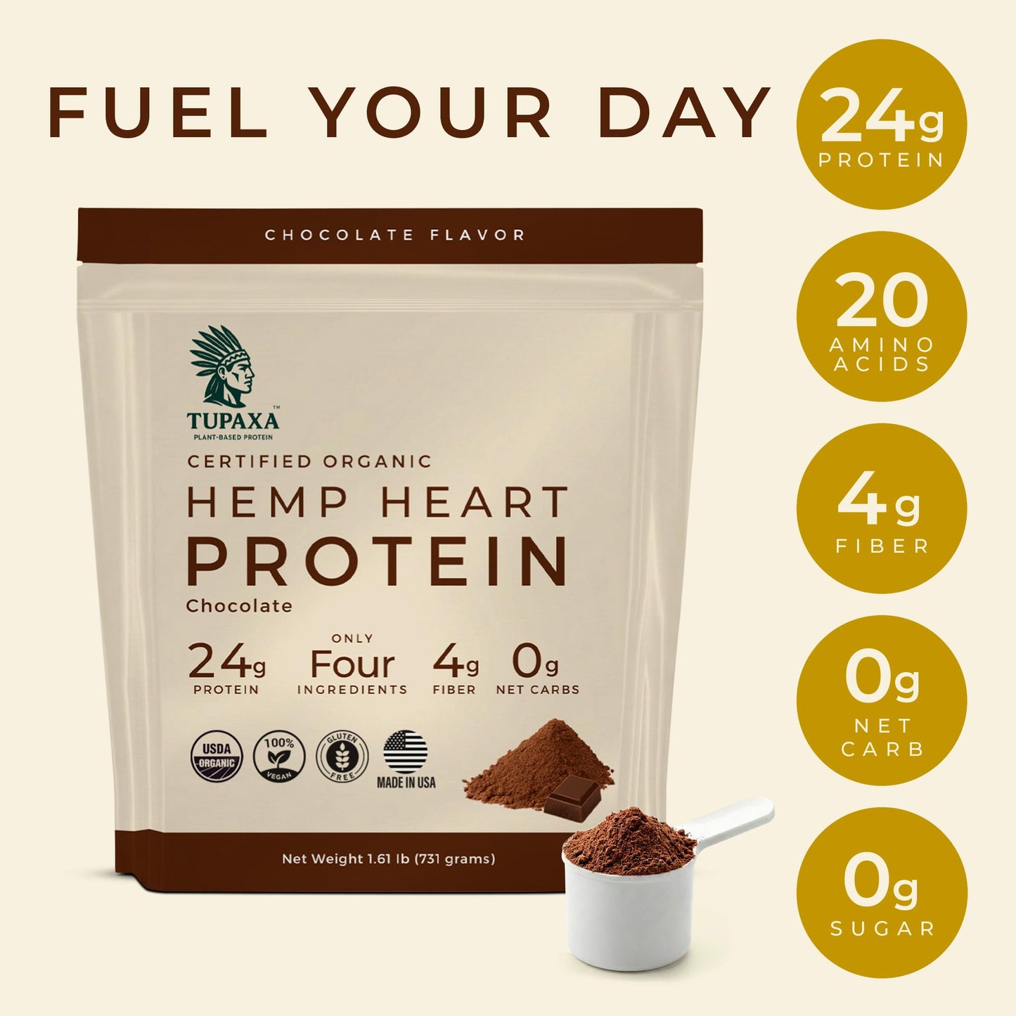TUPAXA USDA Organic Hemp Protein Powder Chocolate, 26 oz
