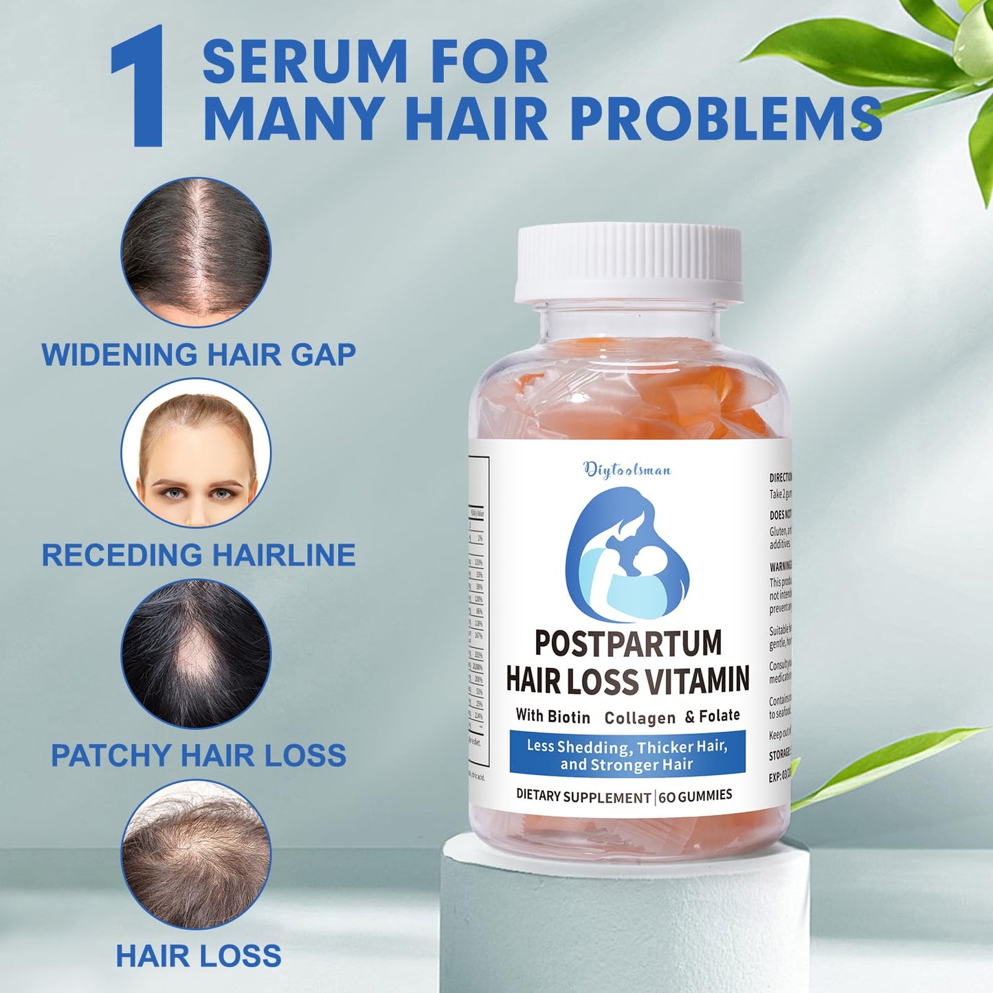 diytoolsman Postpartum Hair Loss Vitamin Gummies with Biotin, Collagen & Folate, Vegan, 60 Gummies