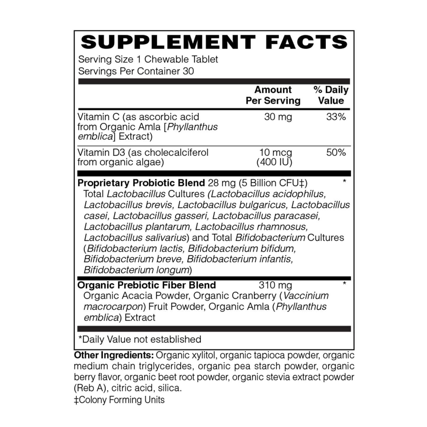 Holly Hill Health Foods Organic Kids Comfort 5 Billion Probiotic Chewable Tablets 30 Count