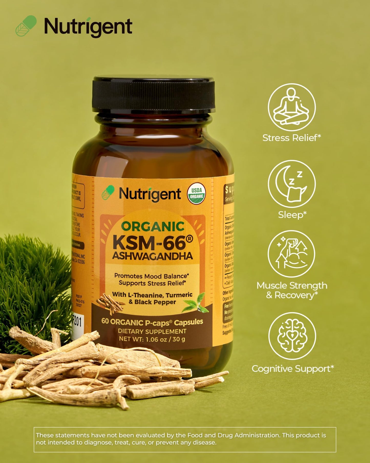 Nutrigent USDA Organic KSM-66 Ashwagandha 600mg with Organic L-Theanine, Turmeric & Black Pepper, Supports Calm, Focus, Relaxation & Overall Well-Being, 60 Capsules