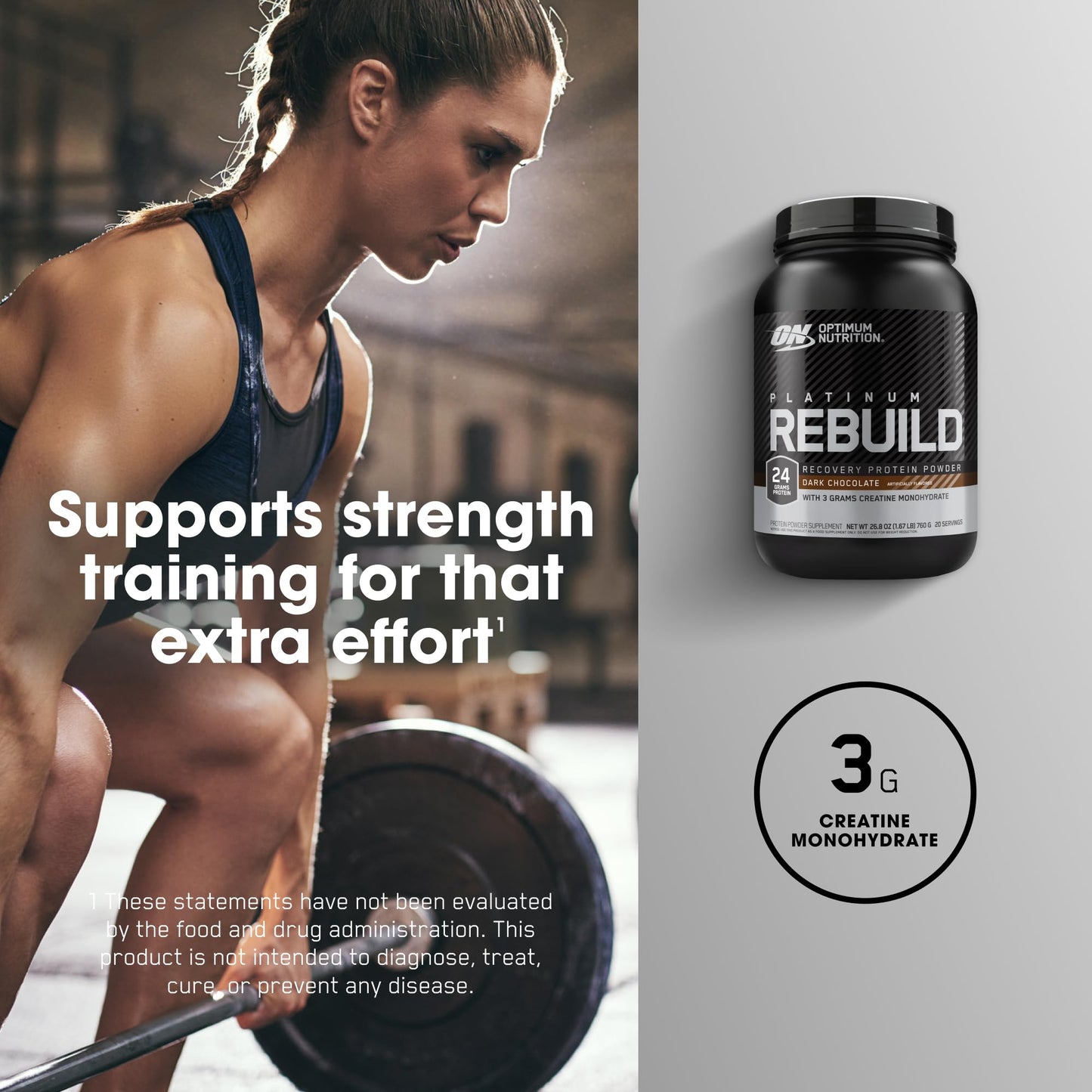 Optimum Nutrition Platinum Rebuild Premium Platinum Blend Protein Powder with Creatine Monohydrate, Dark Chocolate, 20 Servings