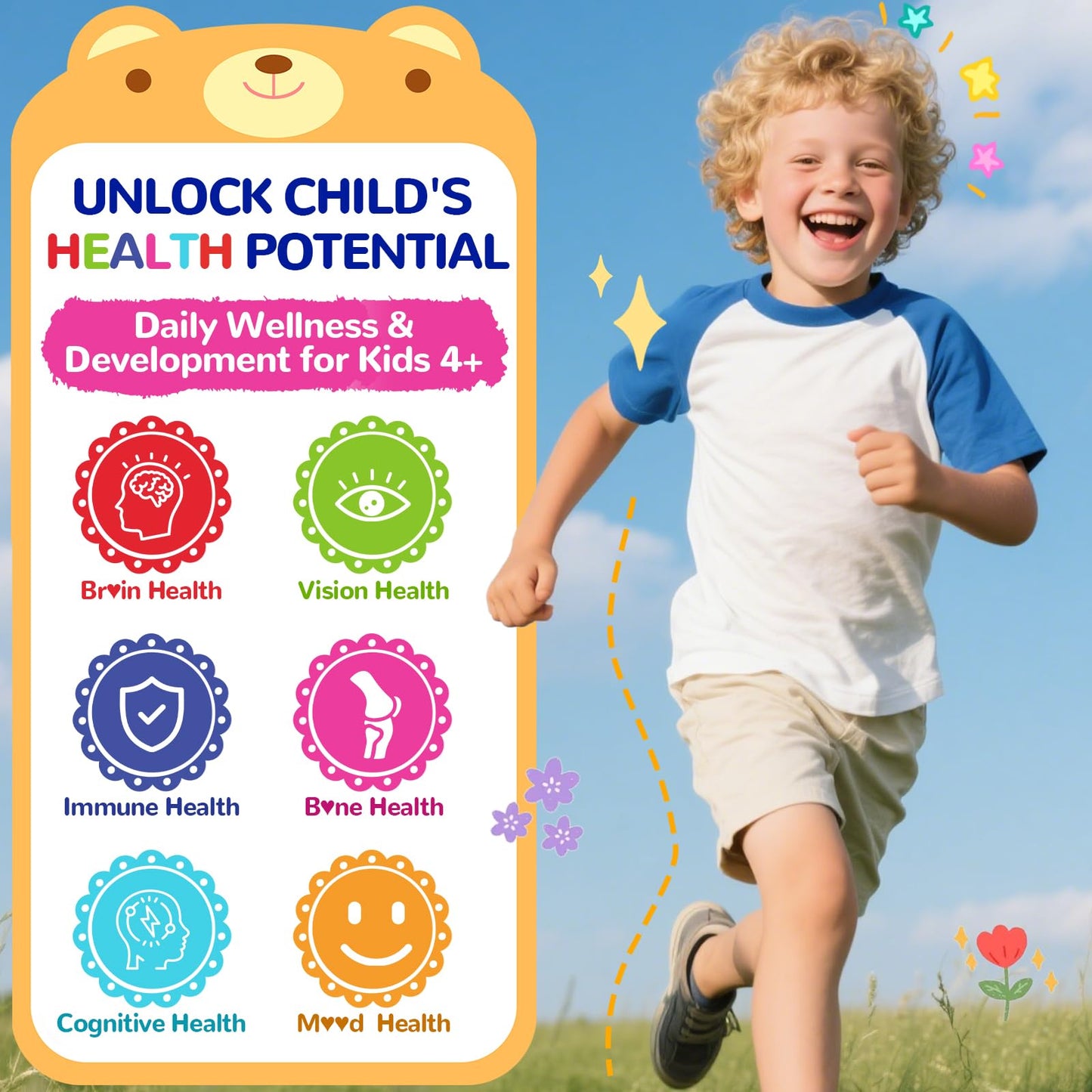 BSSTABBON Vegan Omega 3 Gummies for Kids 4+ DHA EPA with Vitamin D3 B12 Probiotic Lutein Zinc No Fish Taste Multivitamin, 60 Gummies