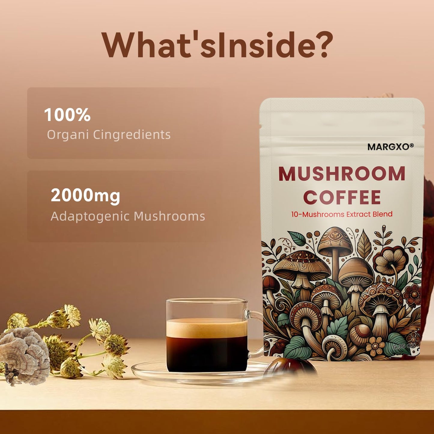 MARGXO Mushroom Coffee 10-Mushrooms Extract Blend Powder 6.35 oz