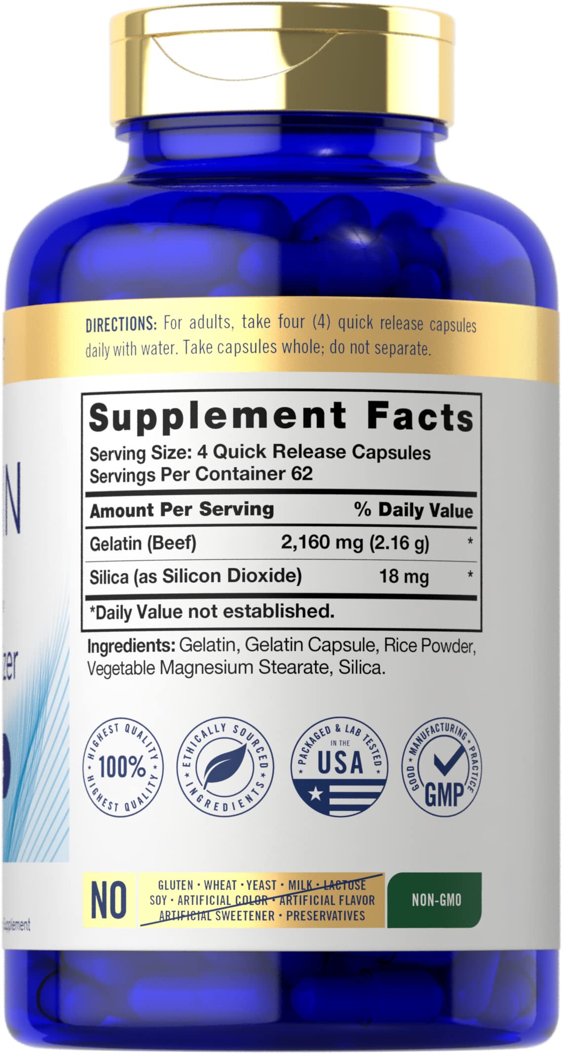 Carlyle Gelatin Capsules 2160 mg, 250 Count, with Silica Optimizer, Non-GMO, Gluten Free