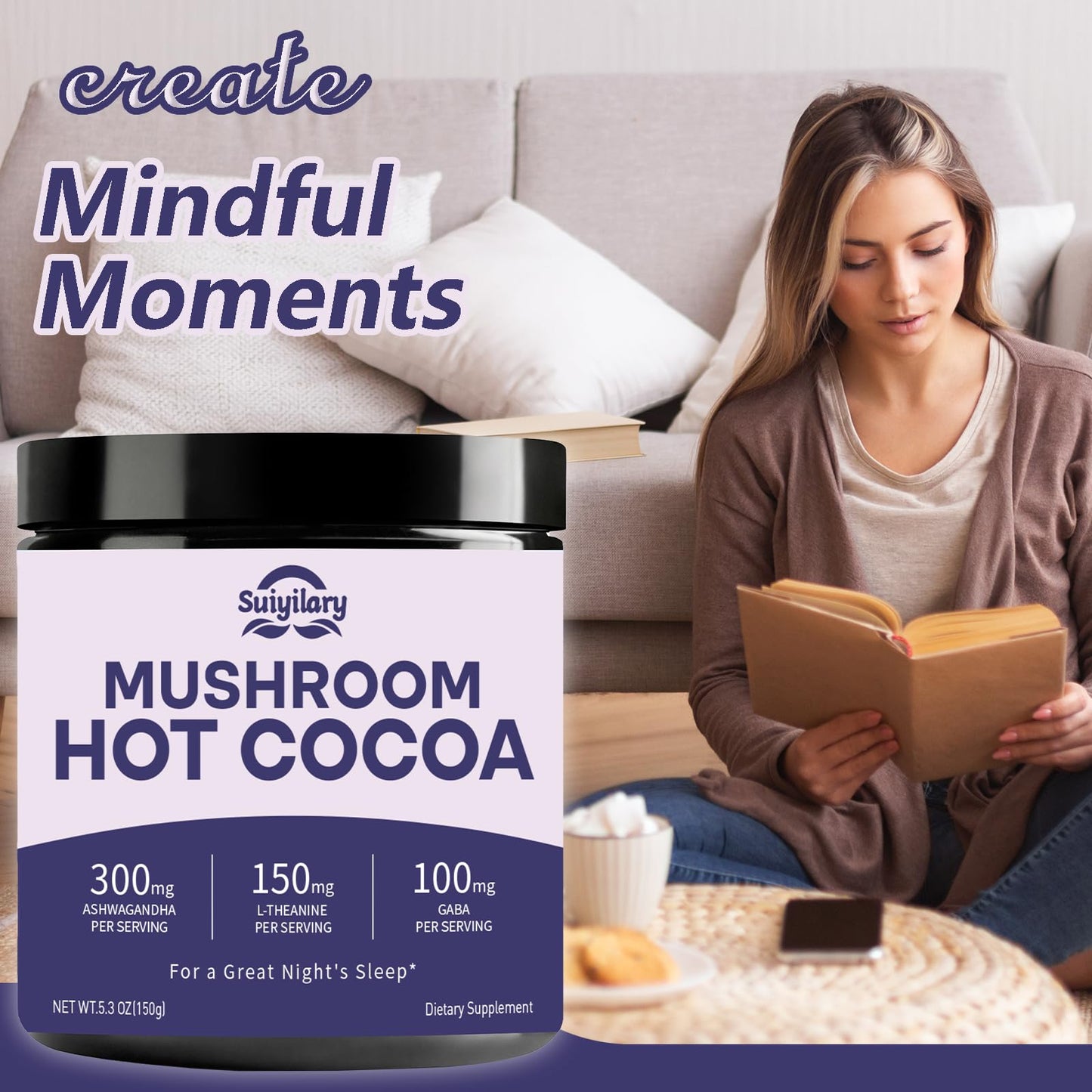 Suiyilary 10 Mushroom Hot Cocoa for Calm Powder 5.3 Ounce