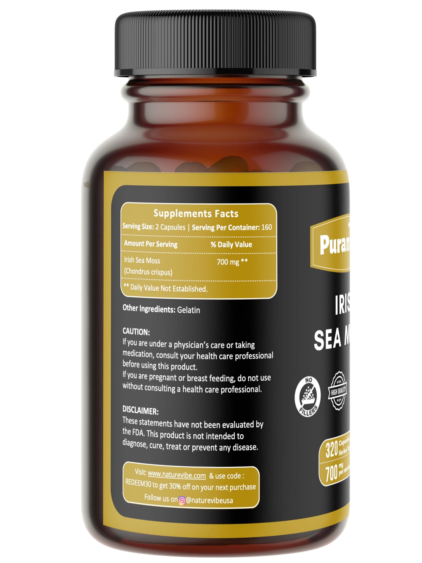 Puranicals Irish Sea Moss Premium Capsules 320 Count