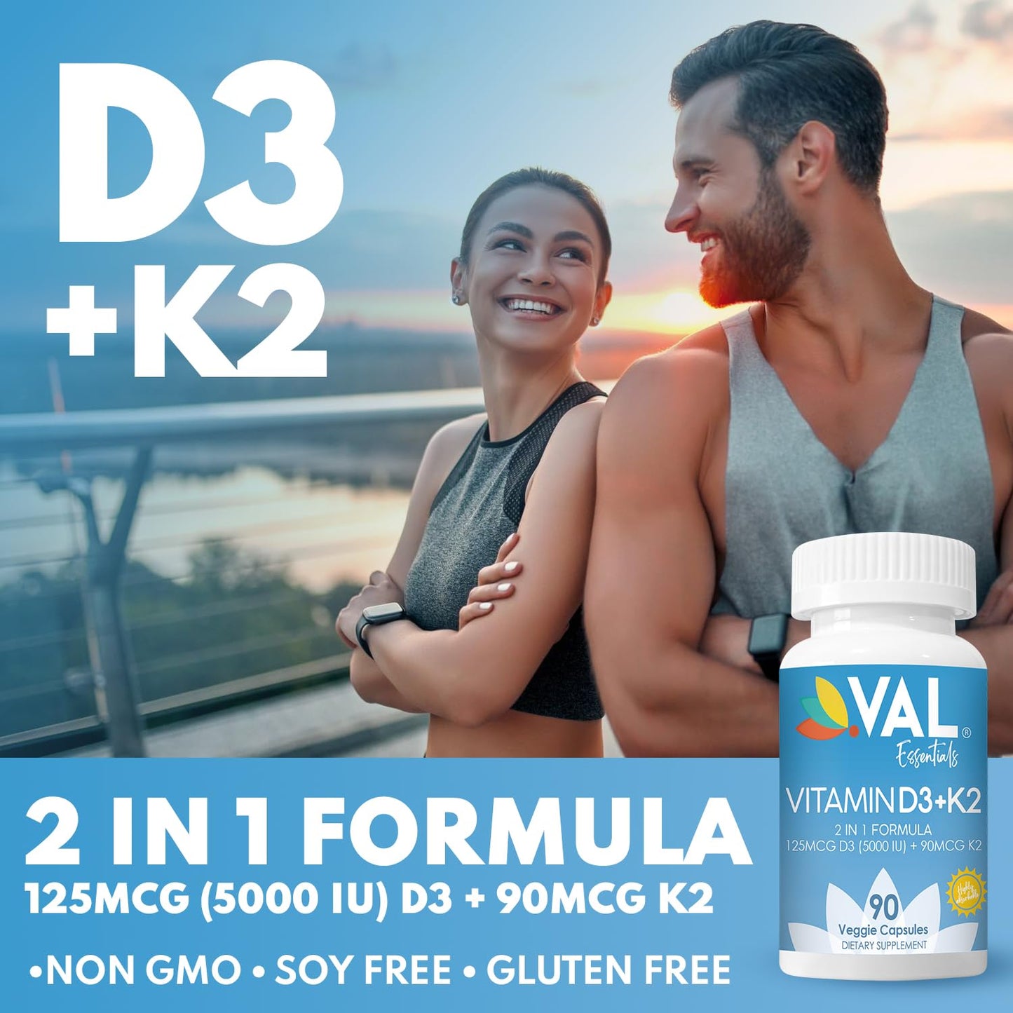 VAL Vitamin D3 + K2 (MK-7) 5000 IU & 90 mcg, Bone & Heart Health Support, 90 Vegan Capsules