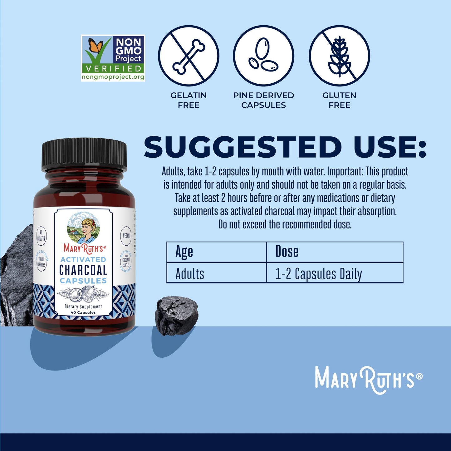 MARYRUTH'S Activated Charcoal 950 mg Capsules, 40 Count