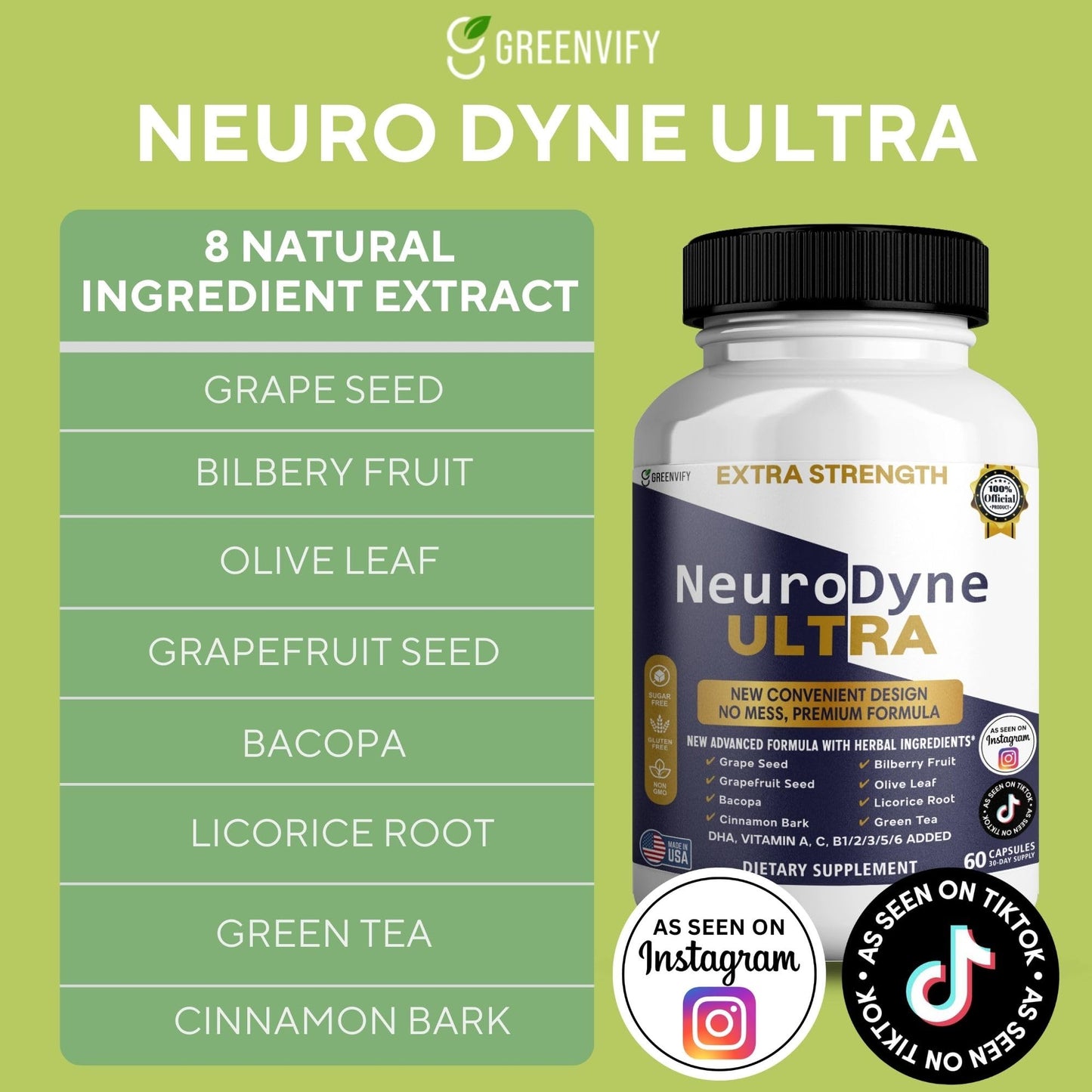 GREENVIFY NeuroDyne Ultra Extra Strength Brain Supplement, 60 Capsules