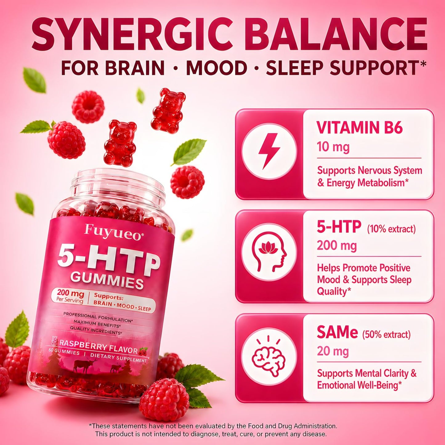 FUYUEO 5-HTP 200mg withSame & Vitamin B6, 60 Gummies