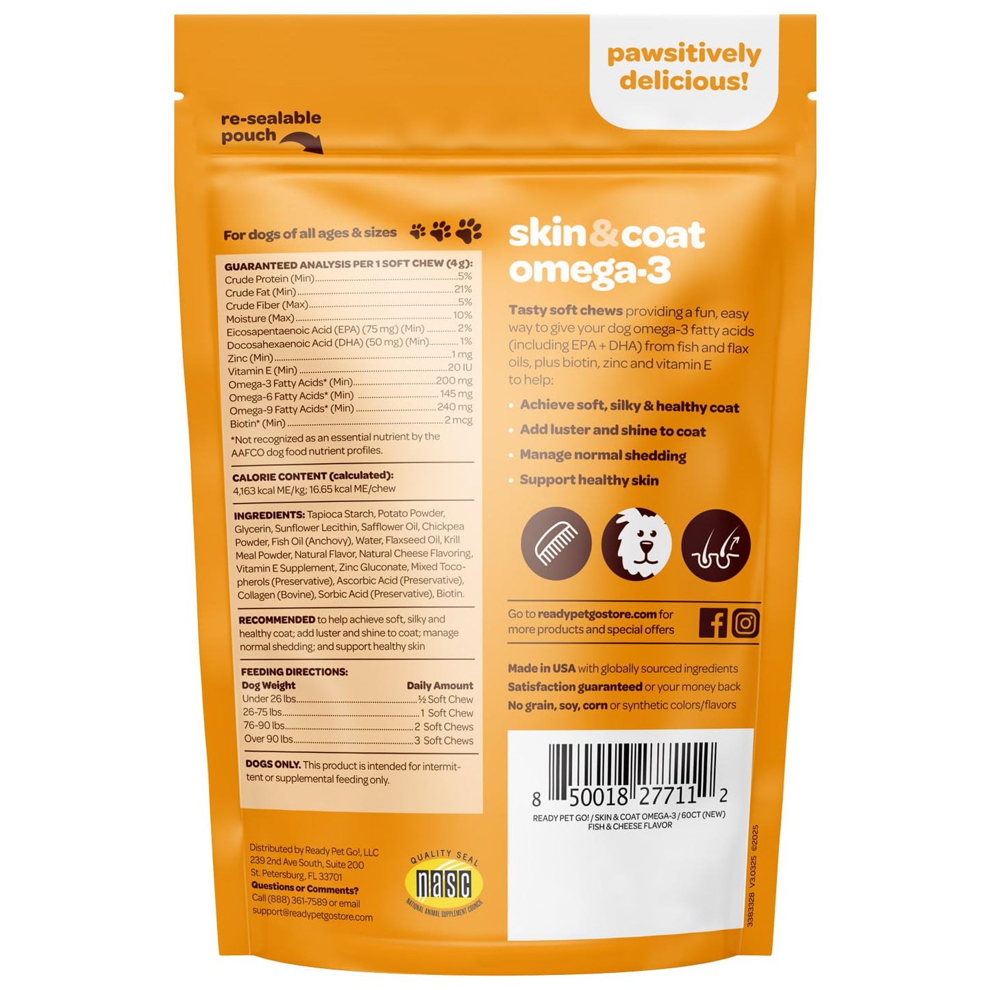 Ready Pet Go! Skin and Coat Omega-3 Supplement for Dogs Soft Chews 60 Count