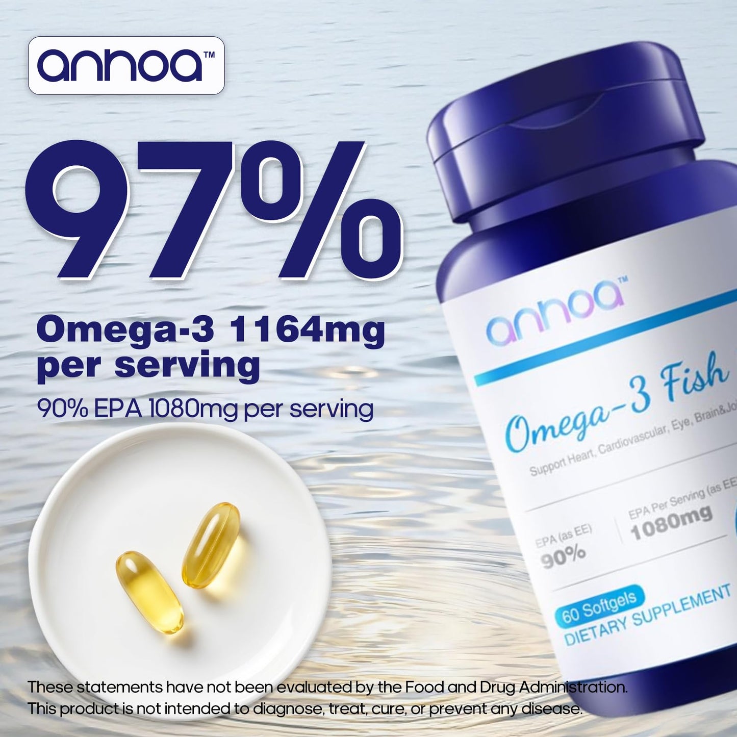 Anhoa 97% Omega 3 Fish Oil Softgels 60 Count