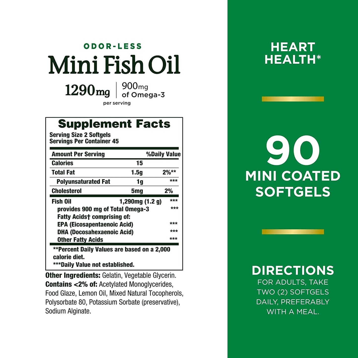 Nature's Bounty Mini Fish Oil Softgels 1290 mg Omega-3 Supports Heart Health Odor-Less, 180 Softgels