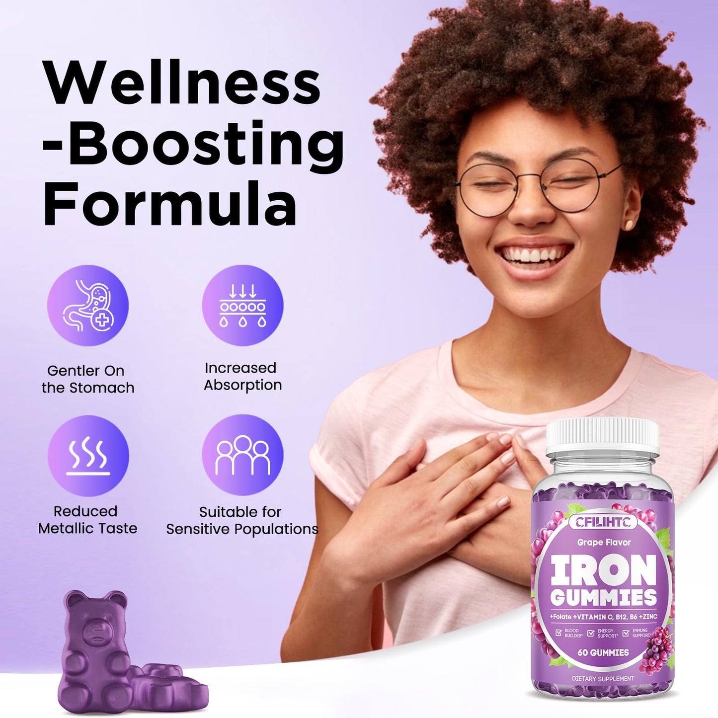 CFILIHTC Iron Gummies with Vitamin B6, B12, C, Zinc, Folate 60 Count