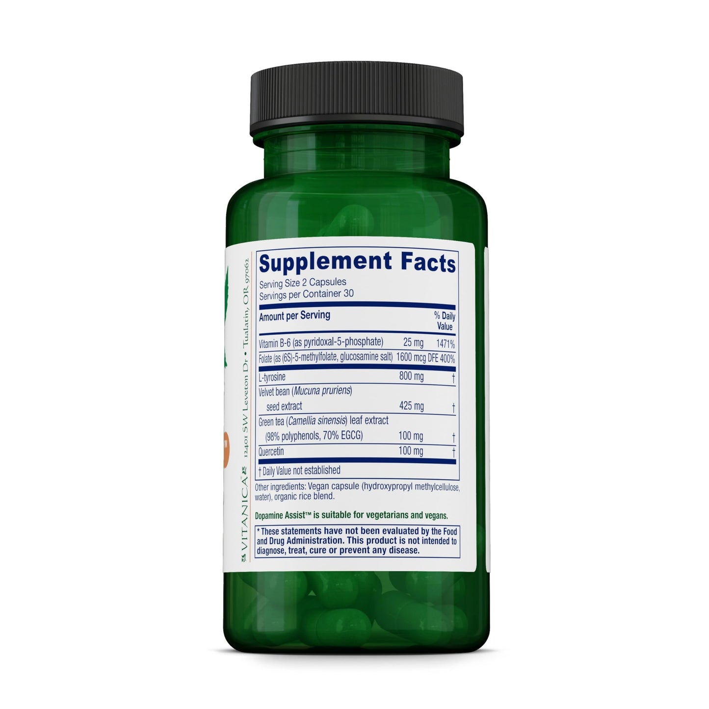 Vitanica Dopamine Assist - Neurotransmitter Support Supplement with Green Tea & Tyrosine & Vitamin B6 - Supplement with Mucuna Pruriens & Folate - Vegan, 60 Capsules