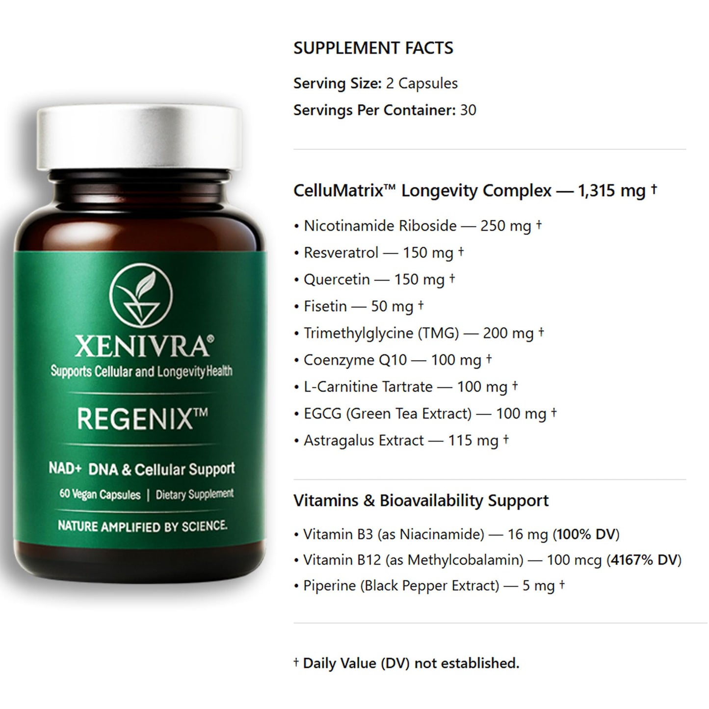 Xenivra Nature, Amplified by Science Regenix NAD+ Supplement Capsules, 60 Count