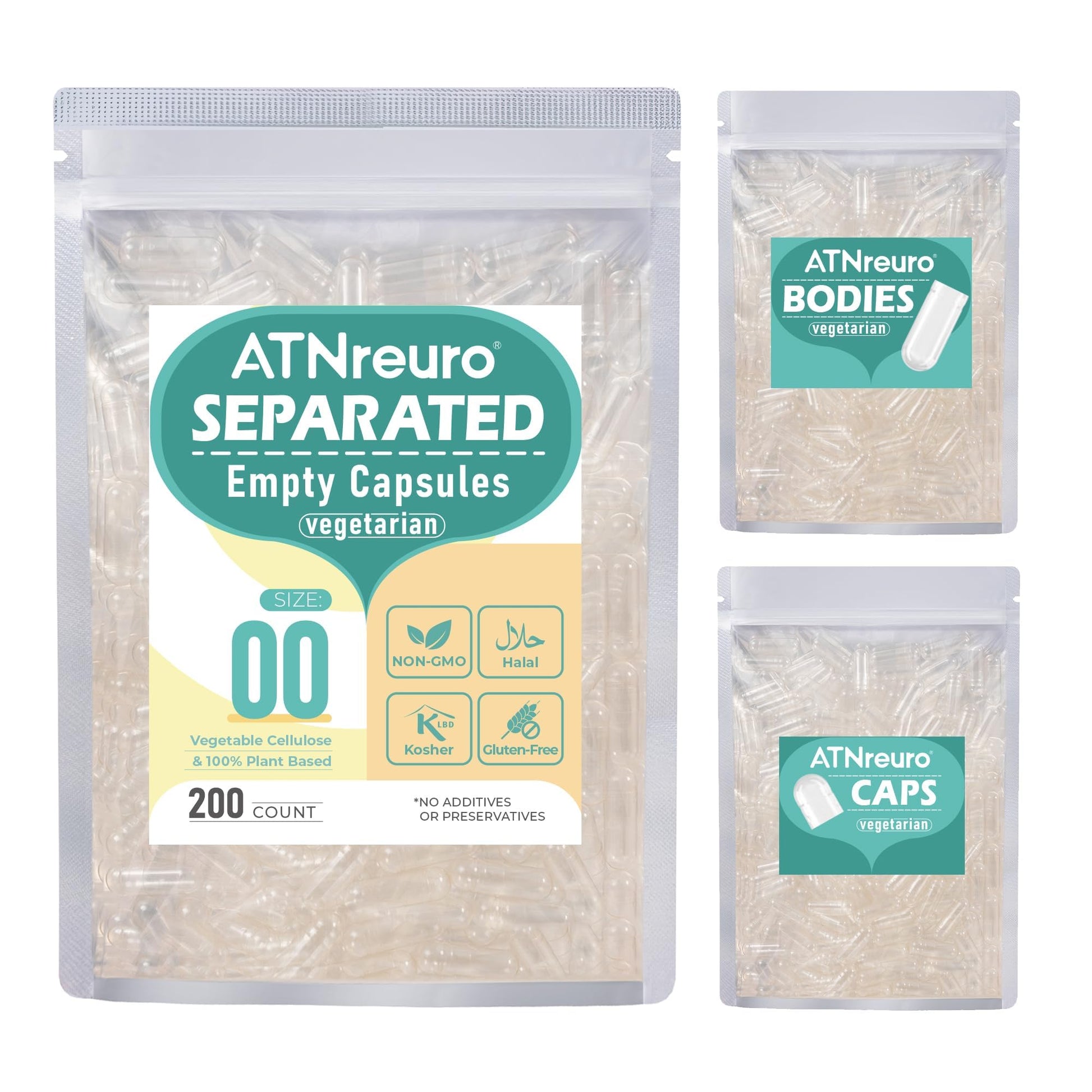 ATNreuro Vegan Separated Empty Capsules Size 00, 200 Count