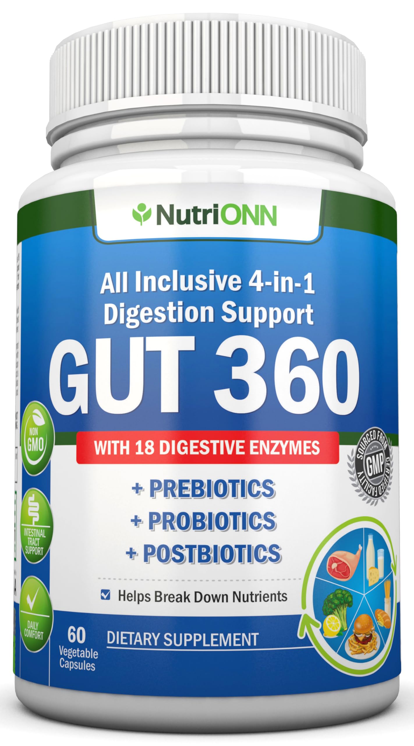 NutriONN 4-in-1 Probiotics, Prebiotics & Postbiotics with 18 Digestive Enzymes for Women & Men Capsules, 60 Count