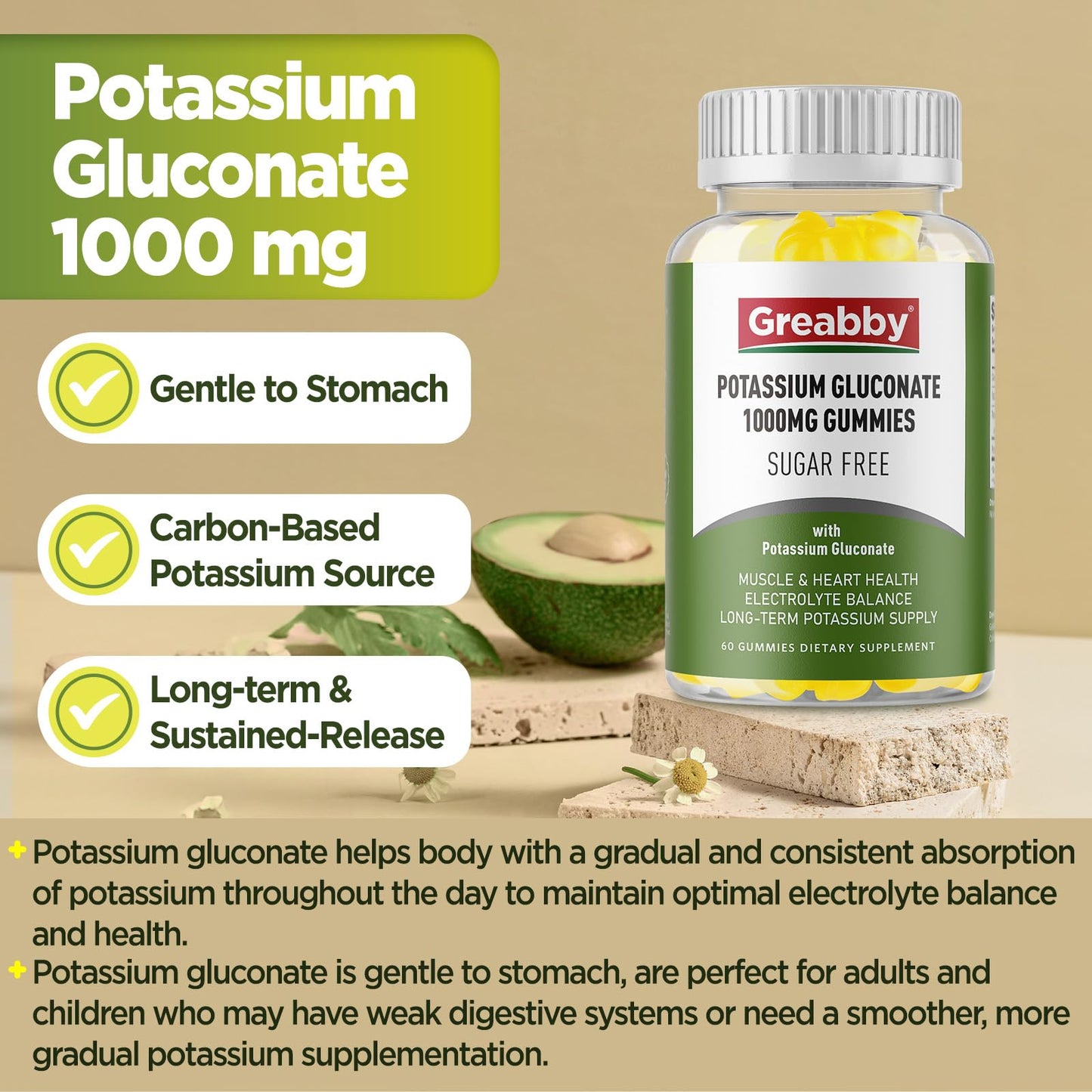 GREABBY Potassium Gluconate 1000 mg Gummies 60 Count