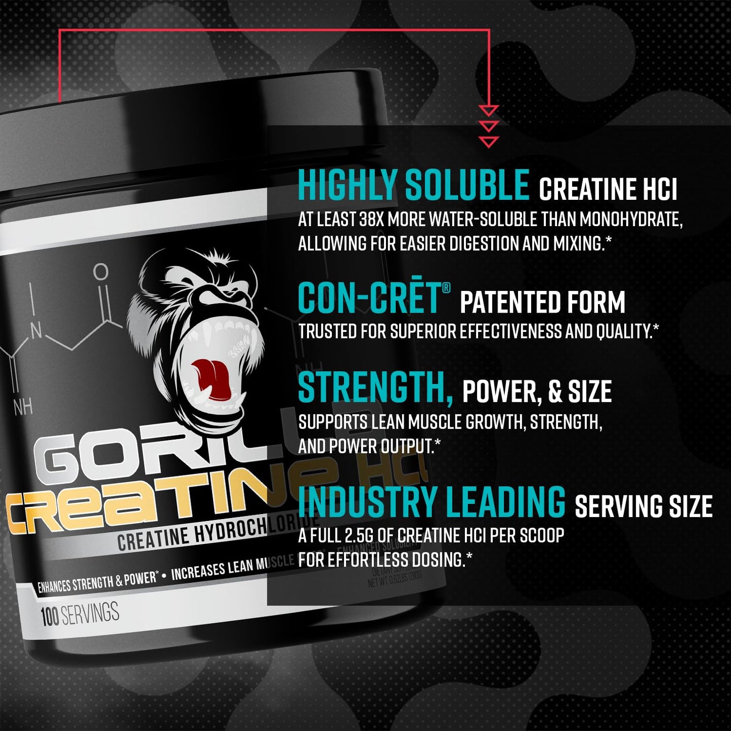 Gorilla Mind CON-CRĒT Creatine HCl W/Pepsin Unflavored Powder, 9.9 oz