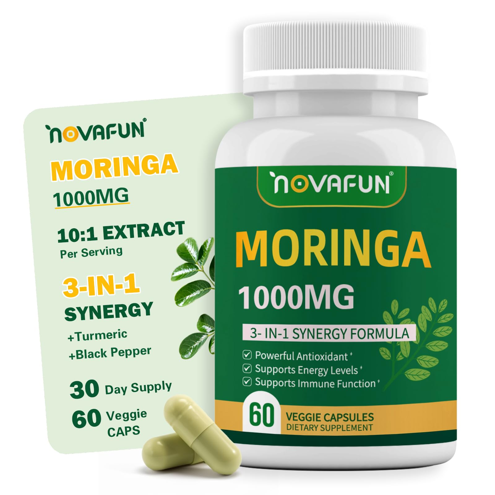 Novafun Organic Moringa 1000mg Leaf Extract Supplement, 60 Capsules
