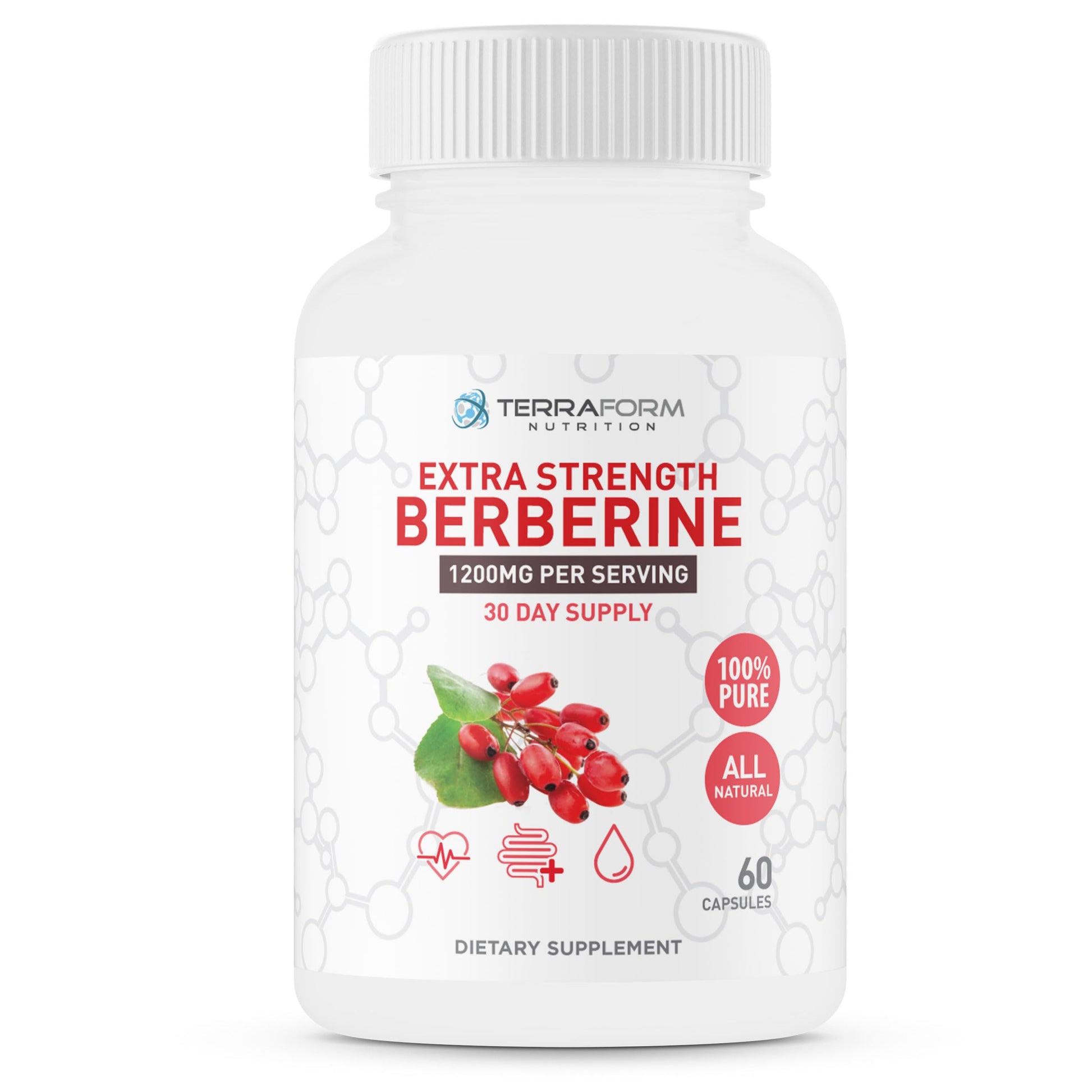 TerraForm Nutrition Berberine HCL 1200mg Daily High Potency Pure Berberine Supplement Capsules, 60 Count