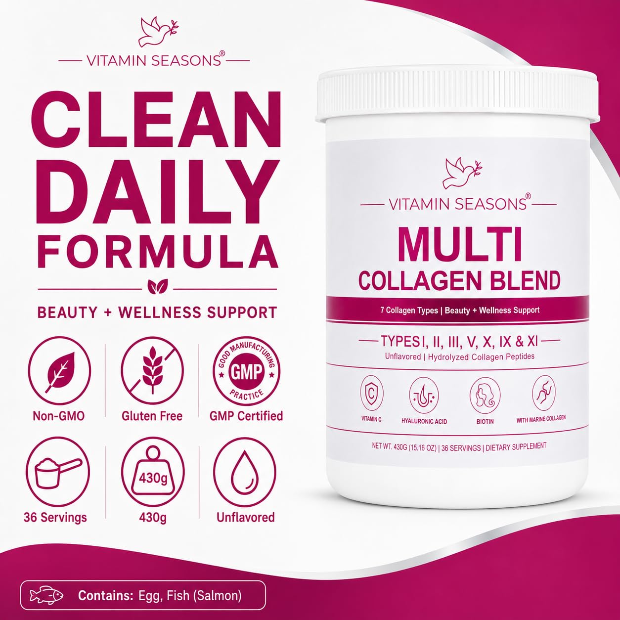 VITAMIN SEASONS Multi Collagen Peptides 7 Types Unflavored Powder 15.16 Ounce