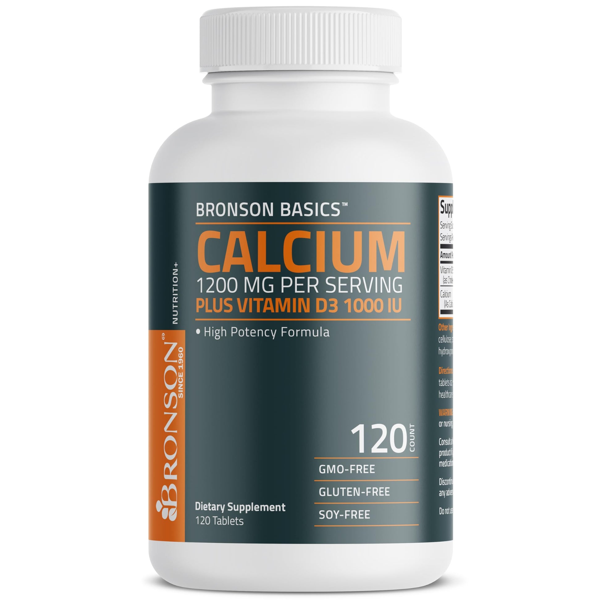 Bronson Calcium 1200mg Plus Vitamin D3 1000 IU High Potency Formula, Non-GMO, 120 Tablets