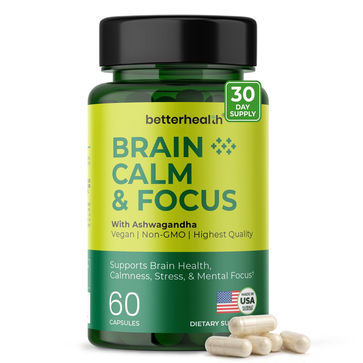 BetterHealth Brain Health Supplement for Memory, Focus & Calm, Cognitive Support with Ashwagandha, L-Theanine, Alpha GPC, Bacopa & Ginkgo, Daily Brain Support, 60 Capsules
