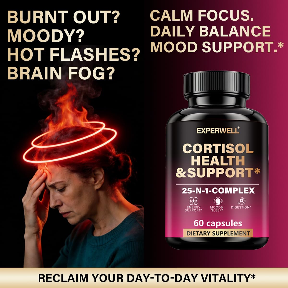 Flulight Cortisol Health & Support – 25-in-1 Multi-Ingredient Complex with Ashwagandha, L-Theanine, Rhodiola & Magnesium – Daily Balance, Mood & Energy Support – 60 Capsules