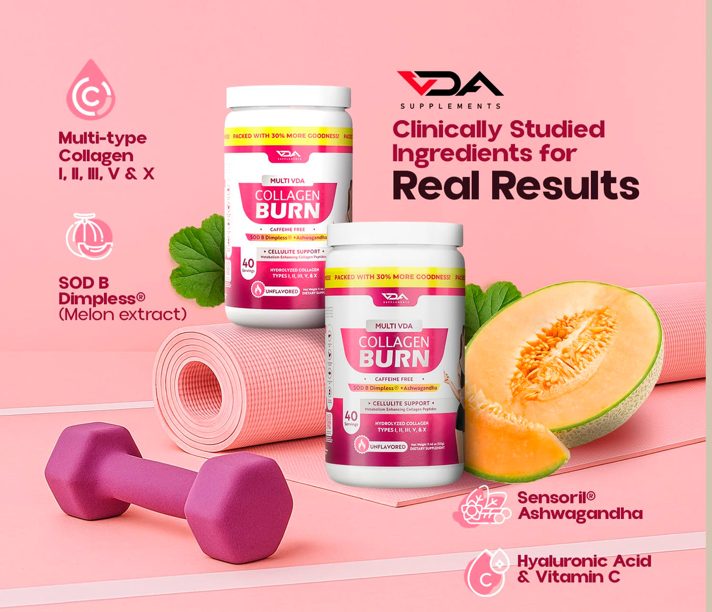 VDA Supplements Hydrolyzed Collagen Powder for Weight Loss - Burn Ultimate Beauty Complex Multi Peptides Powder for Women with Types I II III V and X for Fat Burning Support Unflavored 11.46 Ounce, 40 Servings
