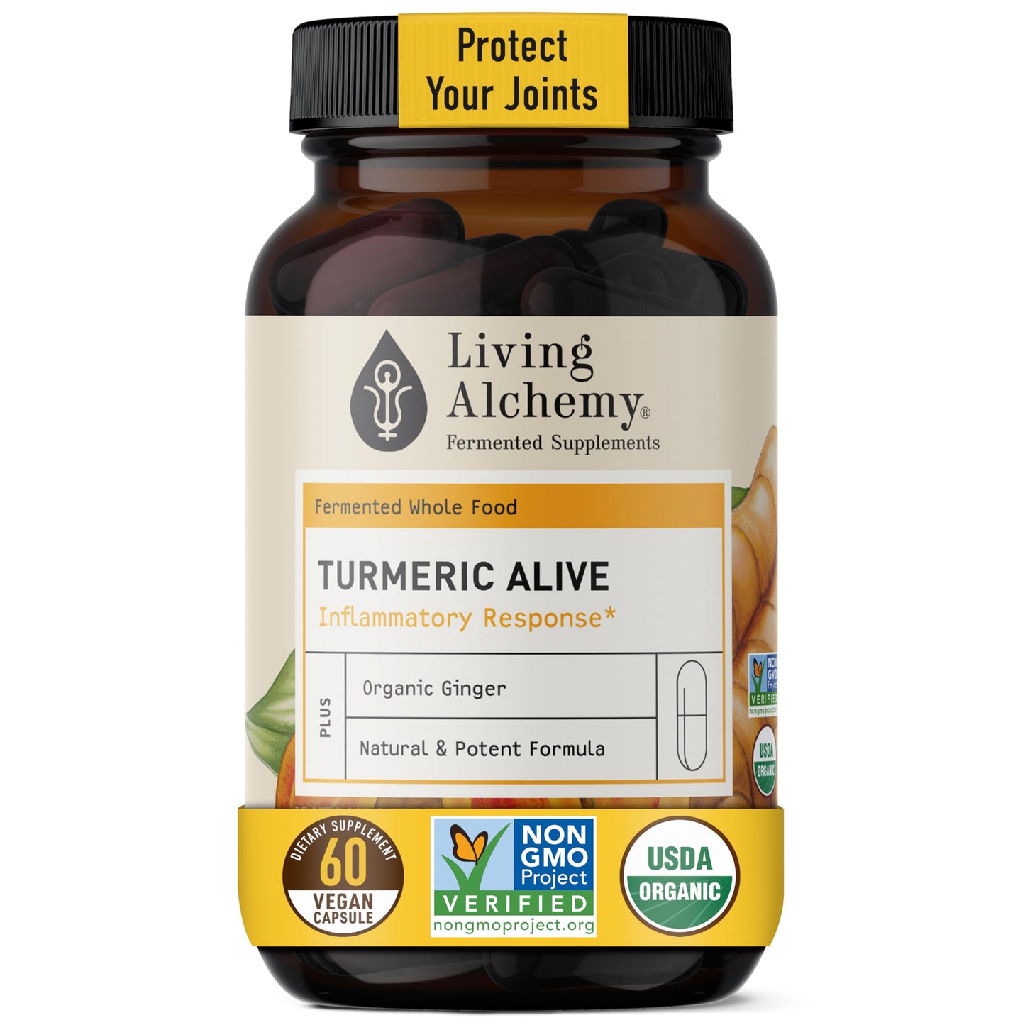 Living Alchemy Turmeric & Ginger Supplement Fermented Turmeric Capsules for Gut, Mobility & Joint Support, Vegan, Non-GMO, Filler-Free, Dairy-Free, 60 Capsules
