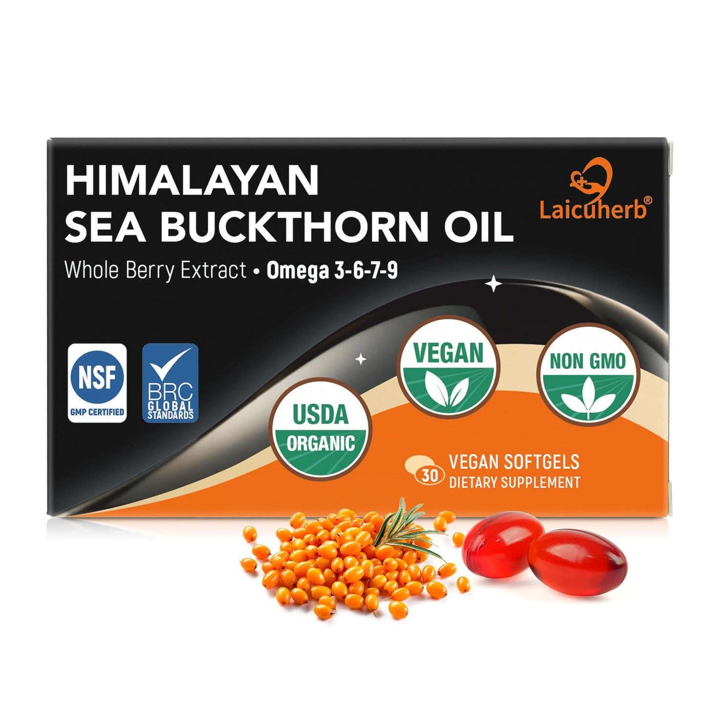 Laicuherb Sea Buckthorn Oil Capsules for Skin, Immune & Hair, 1000mg per Serving, Omega 7-3-6-9, 30 Capsules